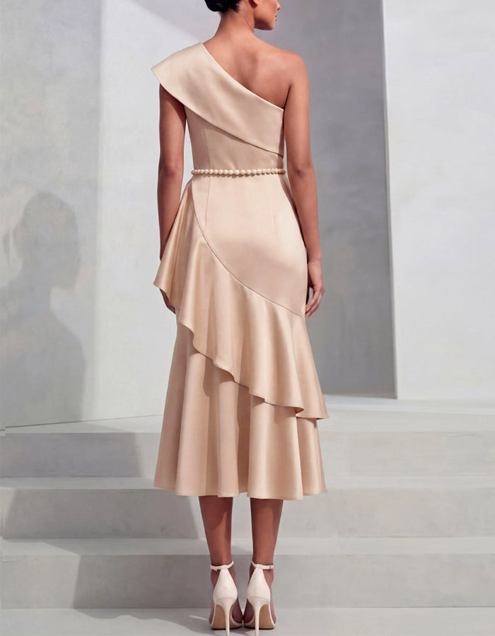 Champagne One Shoulder Satin Ruffle Midi Dress