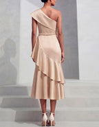 Champagne One Shoulder Satin Ruffle Midi Dress