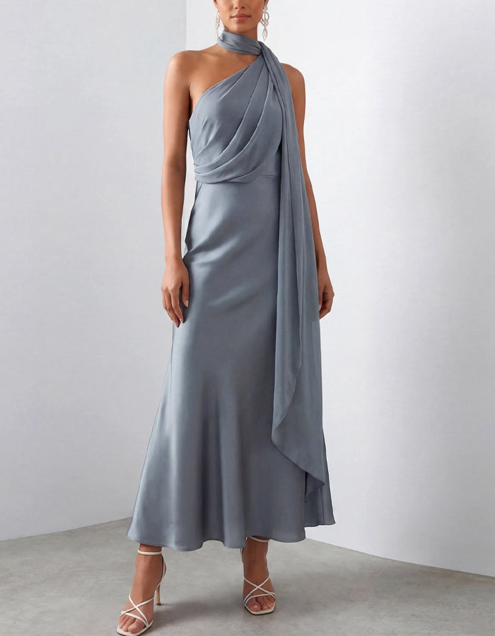 Blue Grey Halter Neck Ribbon Satin Midi Dress