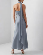Blue Grey Halter Neck Ribbon Satin Midi Dress