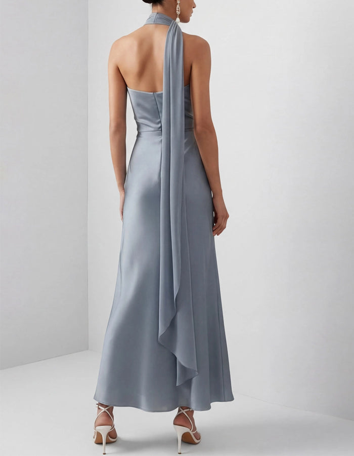 Blue Grey Halter Neck Ribbon Satin Midi Dress