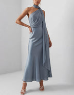 Blue Grey Halter Neck Ribbon Satin Midi Dress