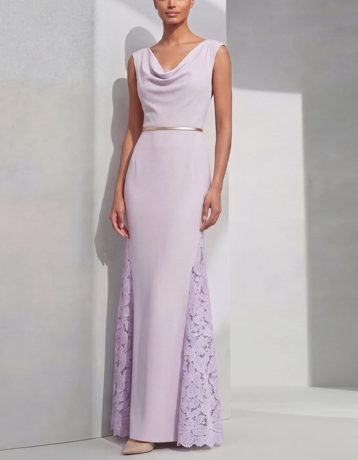 Lavender Purple Draped Lace Patchwork Maxi Dress