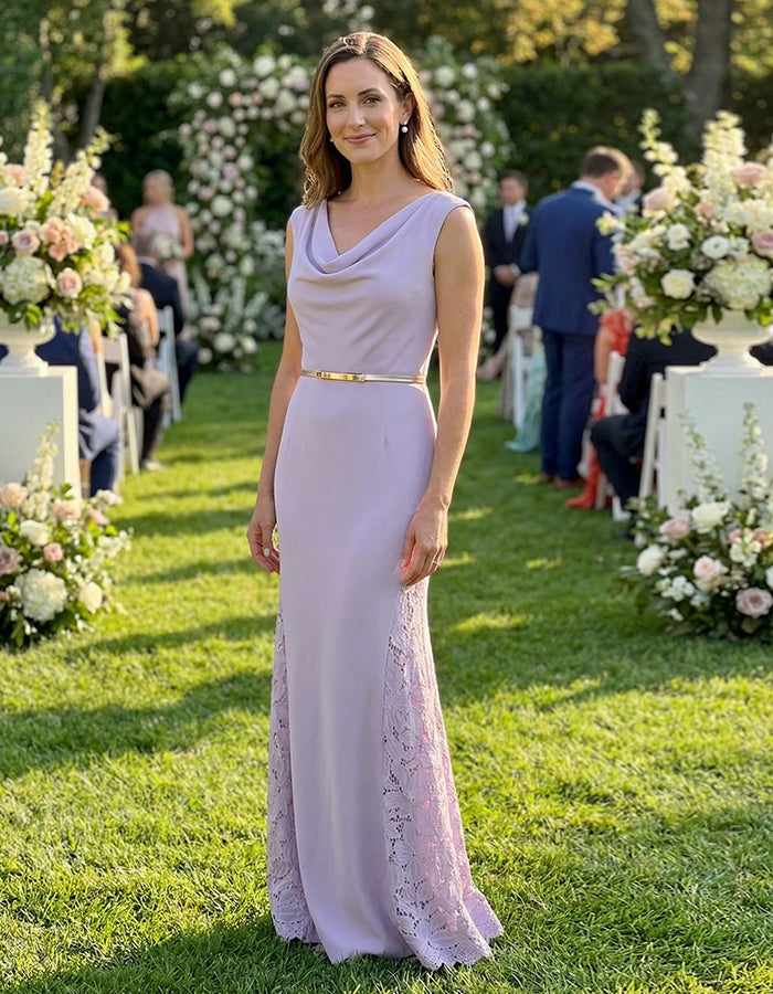 Lavender Purple Draped Lace Patchwork Maxi Dress