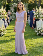 Lavender Purple Draped Lace Patchwork Maxi Dress