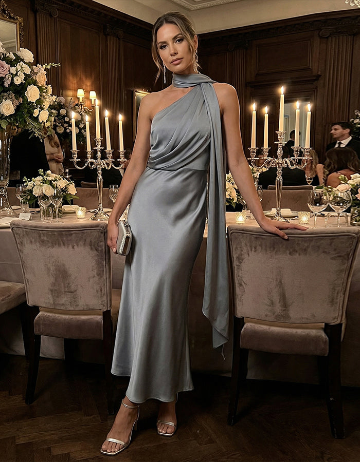 Blue Grey Halter Neck Ribbon Satin Midi Dress
