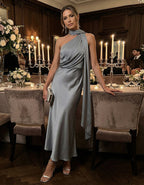 Blue Grey Halter Neck Ribbon Satin Midi Dress