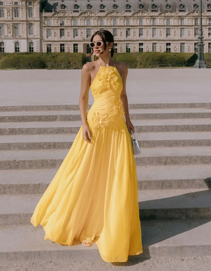 Yellow halter neck chiffon with 3D floral pattern Maxi Dress