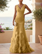 Solid Color V-neck 3D Rose Mesh Maxi Dress
