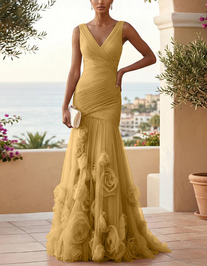 Solid Color V-neck 3D Rose Mesh Maxi Dress