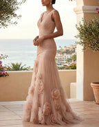 Solid Color V-neck 3D Rose Mesh Maxi Dress