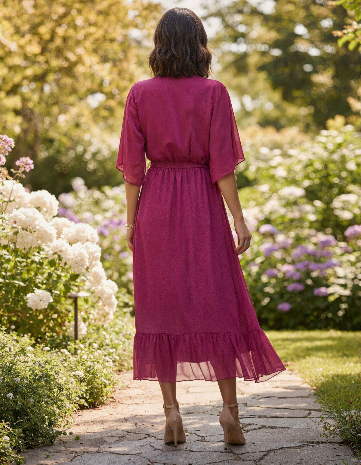 Solid Color V-Neck Ruffled Chiffon Midi Dress