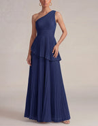 Solid Color One Shoulder Pleated Layered Chiffon Maxi Dress