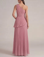 Solid Color One Shoulder Pleated Layered Chiffon Maxi Dress