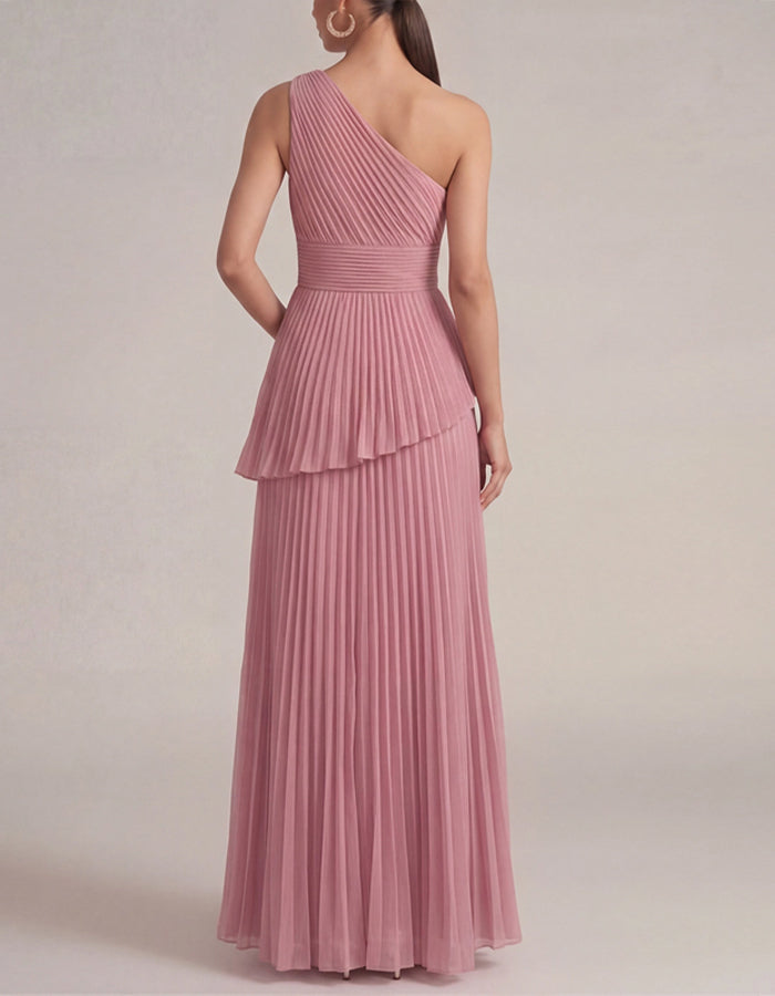 Solid Color One Shoulder Pleated Layered Chiffon Maxi Dress