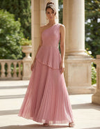 Solid Color One Shoulder Pleated Layered Chiffon Maxi Dress