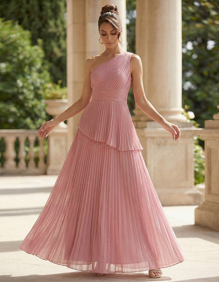Solid Color One Shoulder Pleated Layered Chiffon Maxi Dress