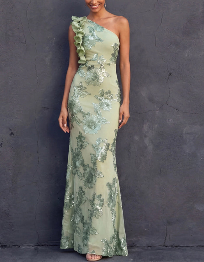 Mint Green One Shoulder Ruffled Sequined Floral Pattern Maxi Dress