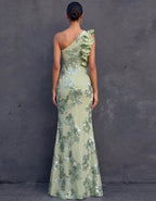 Mint Green One Shoulder Ruffled Sequined Floral Pattern Maxi Dress