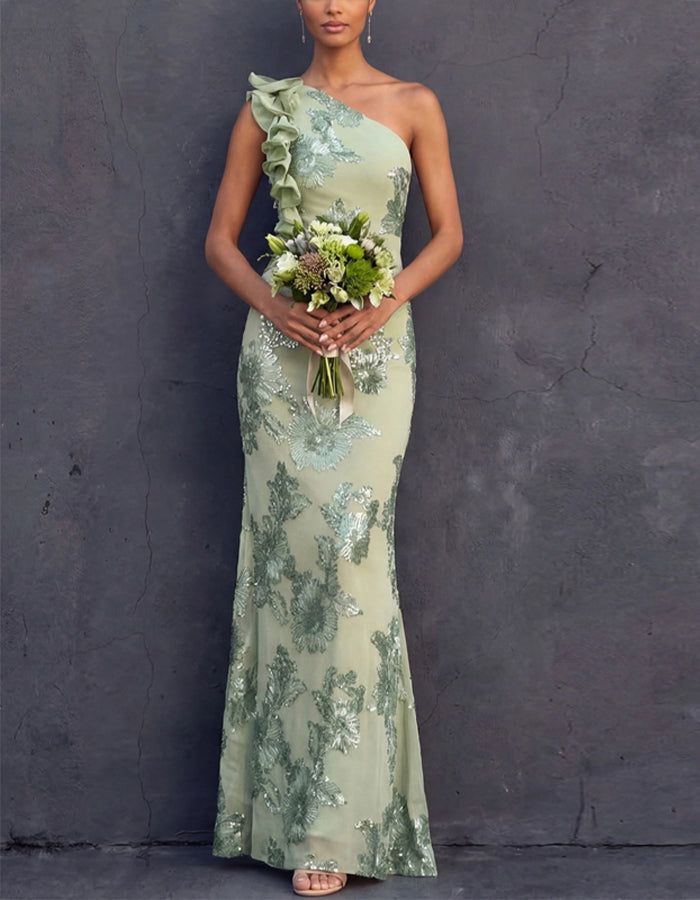Mint Green One Shoulder Ruffled Sequined Floral Pattern Maxi Dress