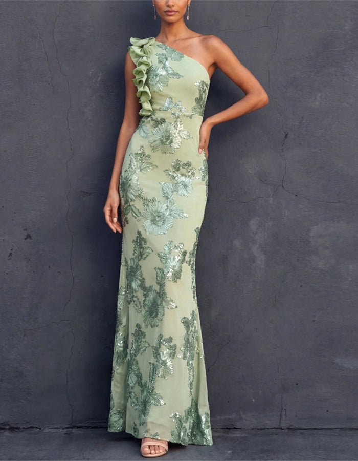 Mint Green One Shoulder Ruffled Sequined Floral Pattern Maxi Dress