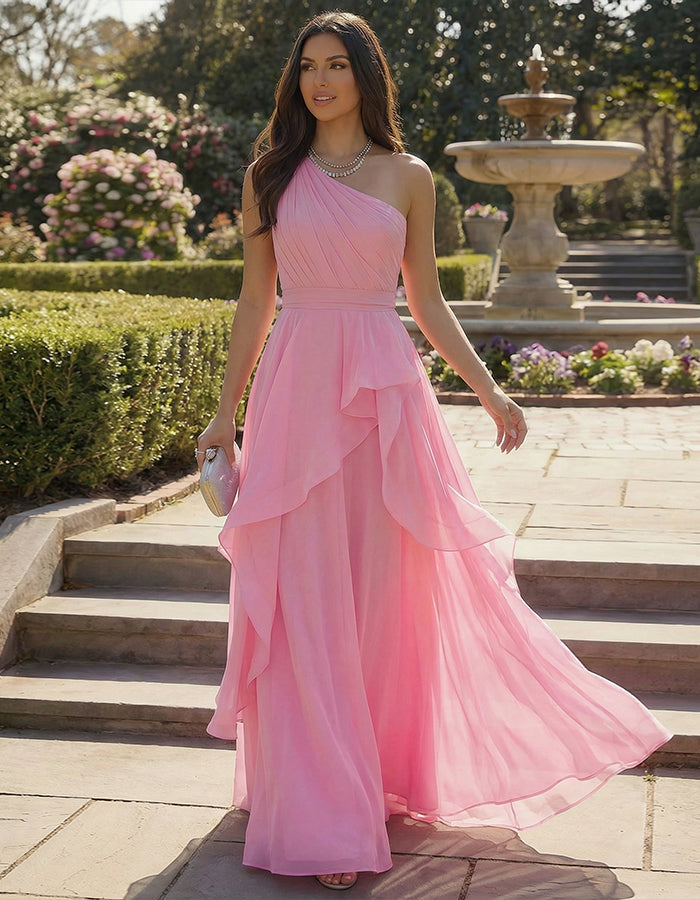 Pink One Shoulder Ruffled Train Chiffon Maxi Dress