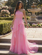 Pink One Shoulder Ruffled Train Chiffon Maxi Dress