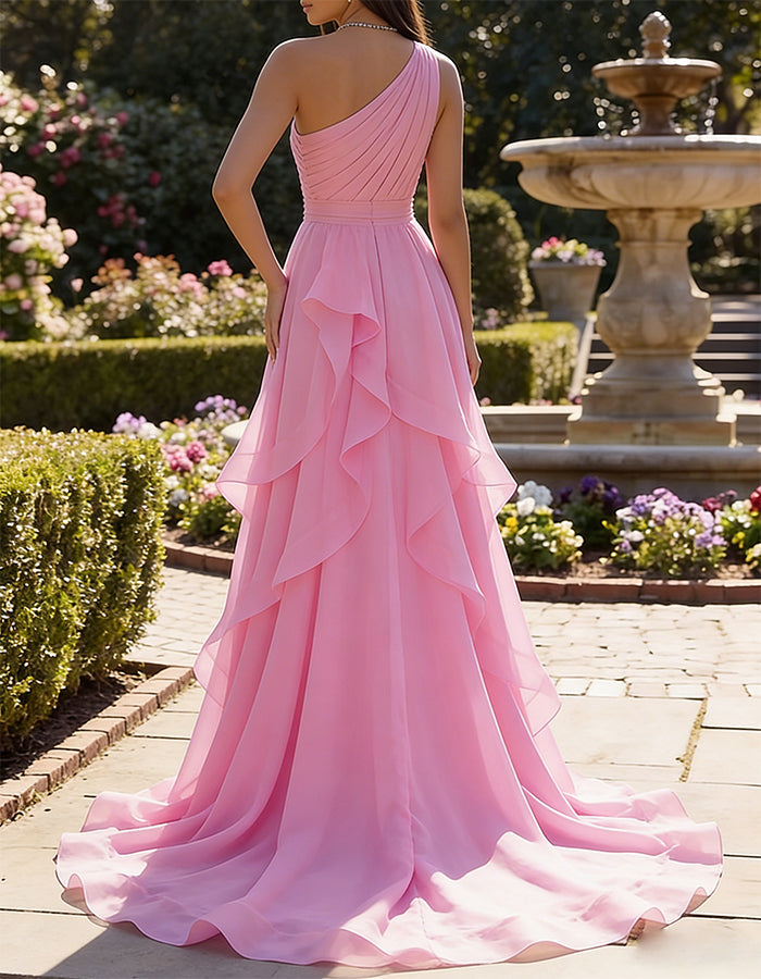 Pink One Shoulder Ruffled Train Chiffon Maxi Dress