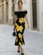 Black Base With Yellow Lilies Off Shoulder Fishtail Midi Dress