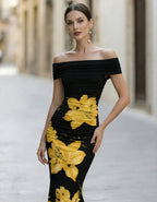 Black Base With Yellow Lilies Off Shoulder Fishtail Midi Dress