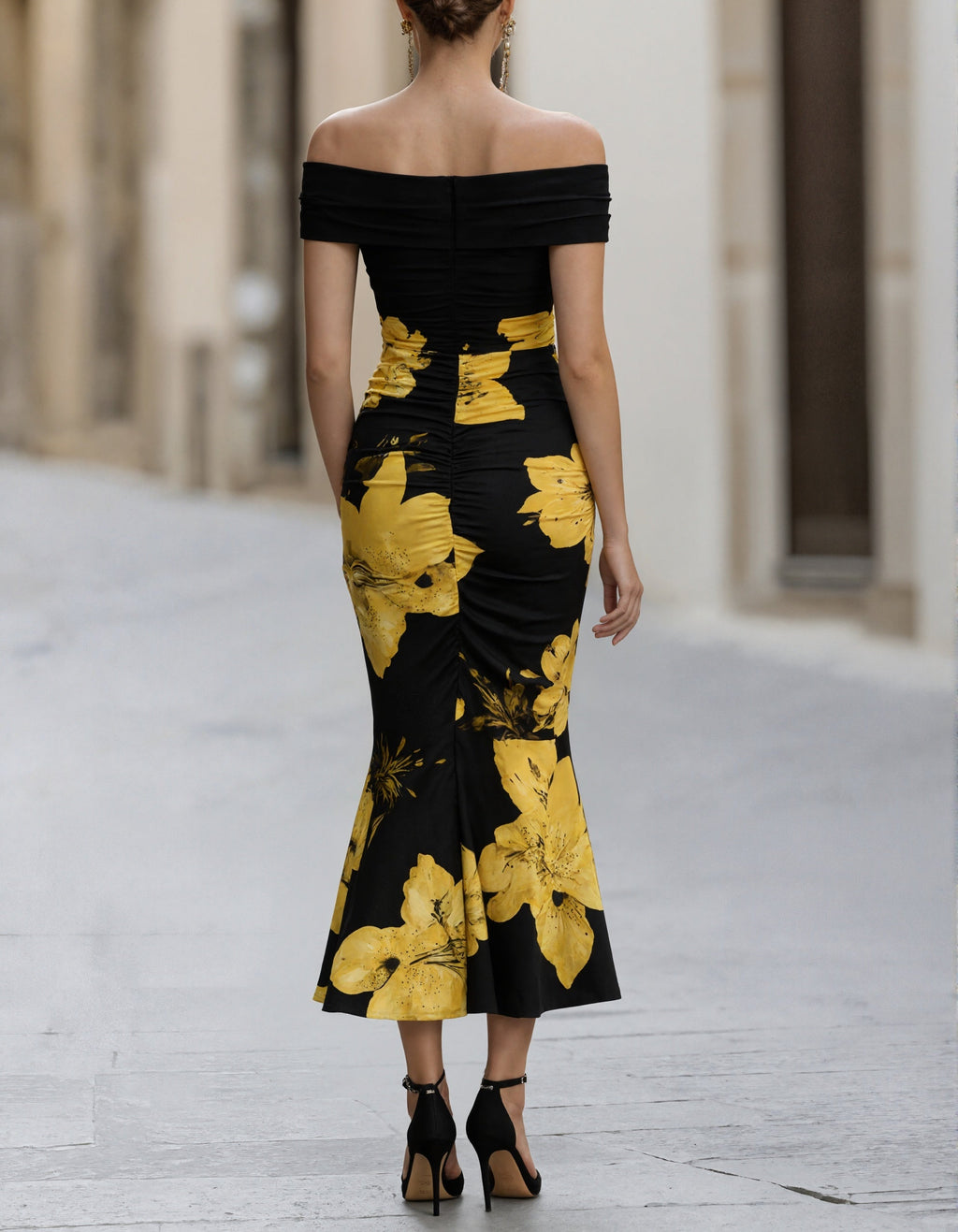 Black Base With Yellow Lilies Off Shoulder Fishtail Midi Dress