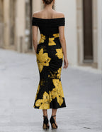 Black Base With Yellow Lilies Off Shoulder Fishtail Midi Dress