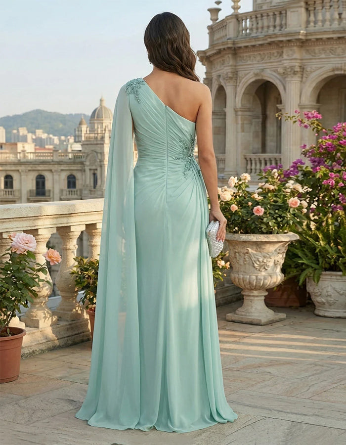 Mint Green One Shoulder Shawl Chiffon Maxi Dress