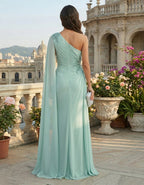Mint Green One Shoulder Shawl Chiffon Maxi Dress