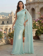 Mint Green One Shoulder Shawl Chiffon Maxi Dress
