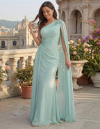 Mint Green One Shoulder Shawl Chiffon Maxi Dress