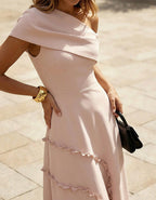 Pink Off Shoulder Ruffle Maxi Dress