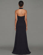Black Halter Neck With Openwork Ruffled Fishtail Design Maxi Dress