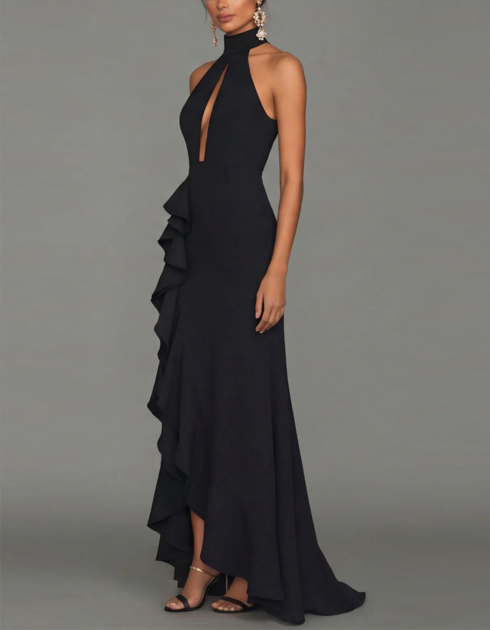 Black Halter Neck With Openwork Ruffled Fishtail Design Maxi Dress