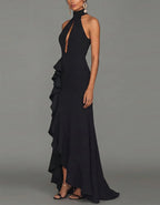 Black Halter Neck With Openwork Ruffled Fishtail Design Maxi Dress