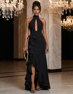 Black Halter Neck With Openwork Ruffled Fishtail Design Maxi Dress