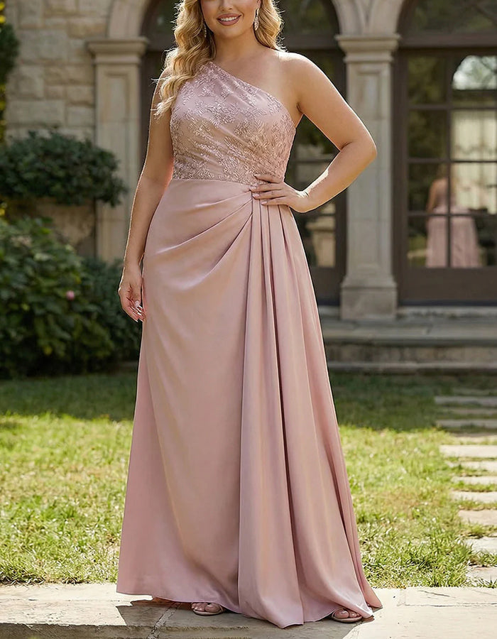Pink One Shoulder Lace Satin Maxi Dress