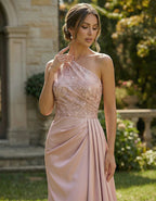 Pink One Shoulder Lace Satin Maxi Dress