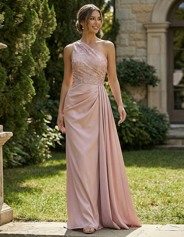 Pink One Shoulder Lace Satin Maxi Dress