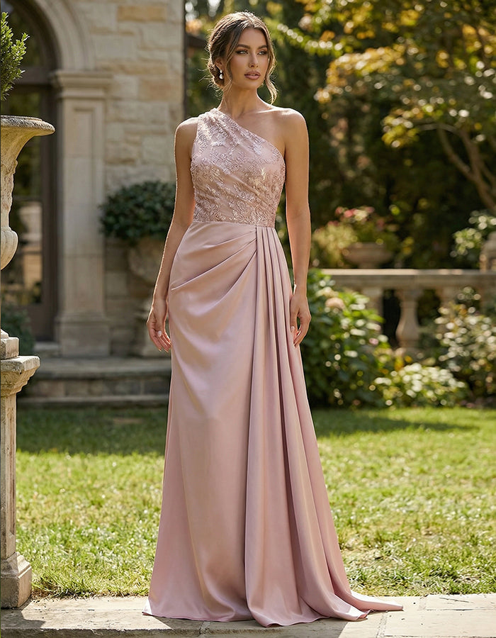 Pink One Shoulder Lace Satin Maxi Dress