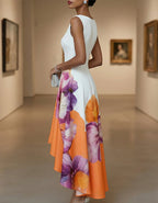 Irregular White Floral Pattern Midi Dress
