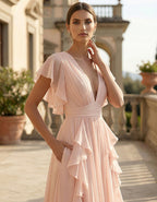 Light Pink V-Neck Ruffled Chiffon Maxi Dress