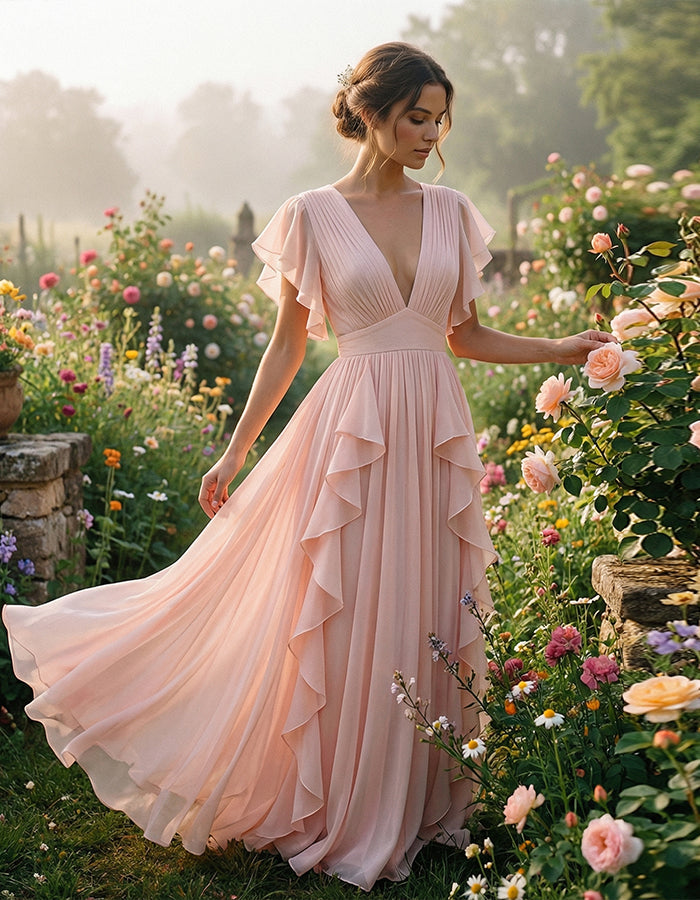 Light Pink V-Neck Ruffled Chiffon Maxi Dress