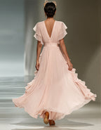 Light Pink V-Neck Ruffled Chiffon Maxi Dress
