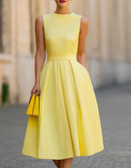 Lemon Yellow Round Neck With A Fitted Waist Midi Dress